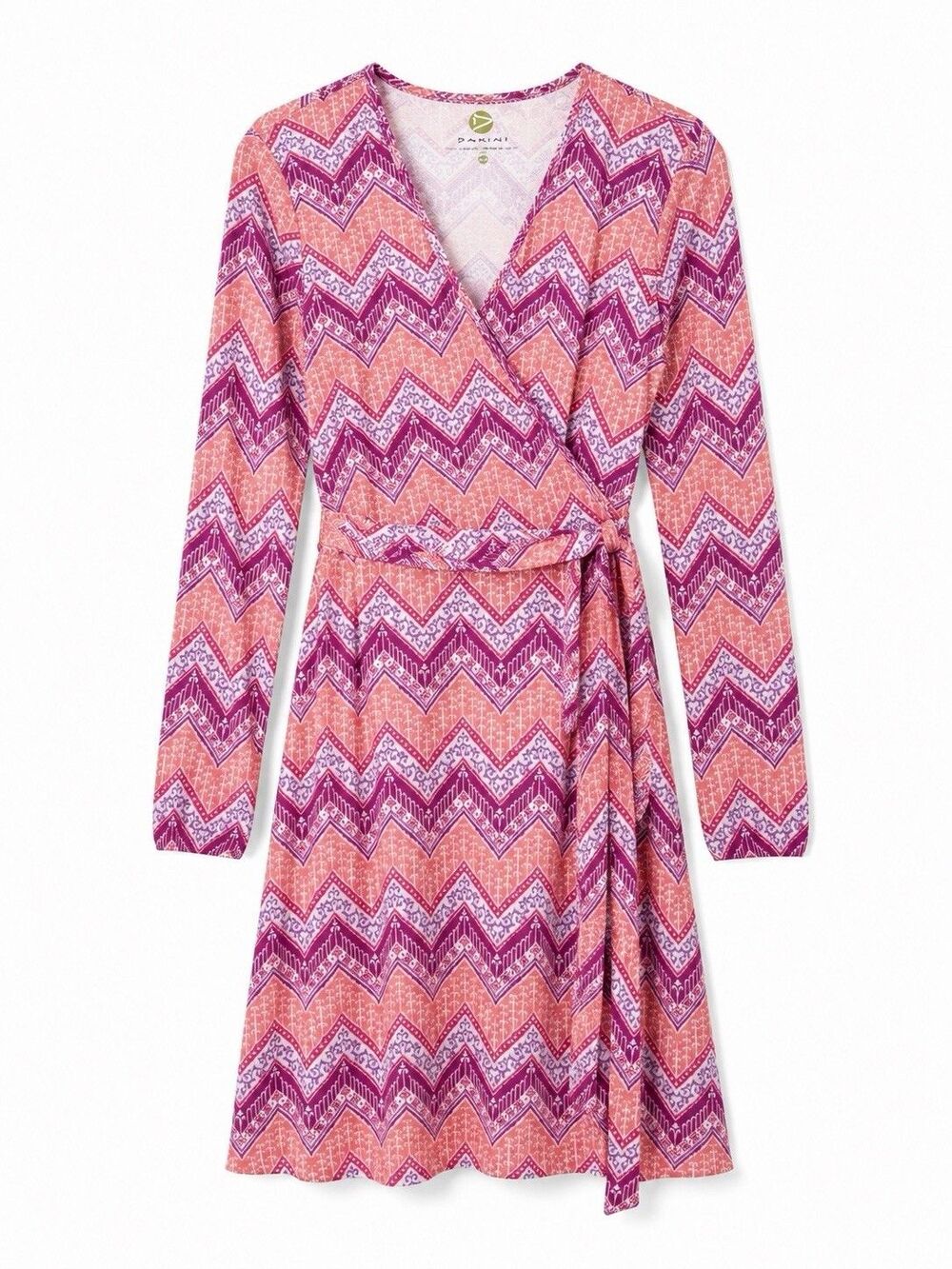 Dakini Long Sleeve Faux Wrap Dress Pink Purple Chevron Geometric Tie Waist SZ M